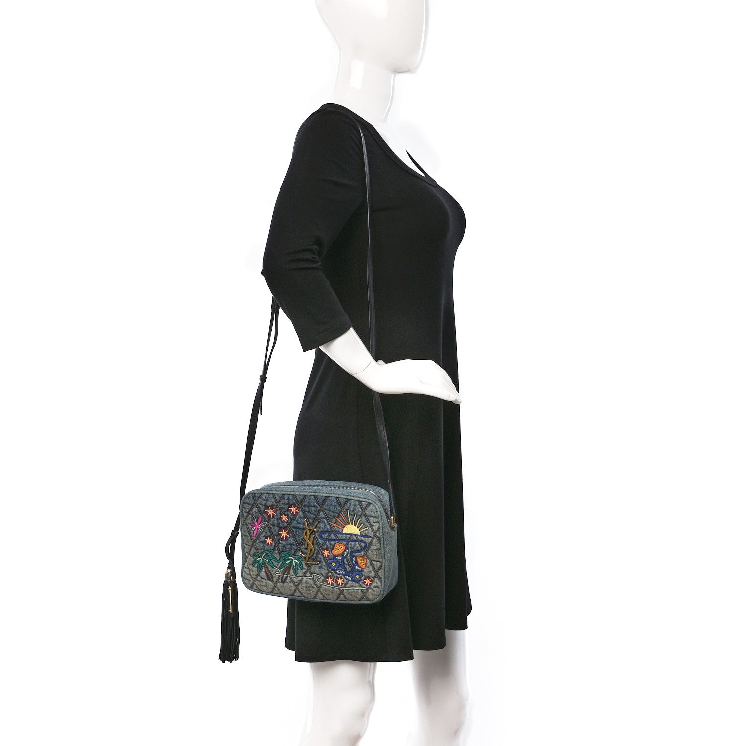 Saint Laurent Denim Matelasse Quilted Summer Embroidered Classic Monogram Camera Bag Blue 3 of 11