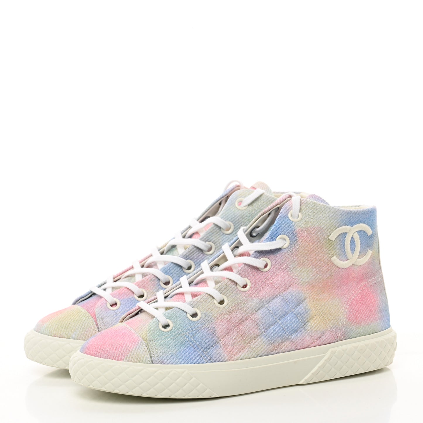 Printed Fabric Quilted High Top Sneakers 41 Green Pink Blue White