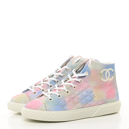 Chanel Printed Fabric Quilted High Top Sneakers 41 Green Pink Blue White 3 of 10