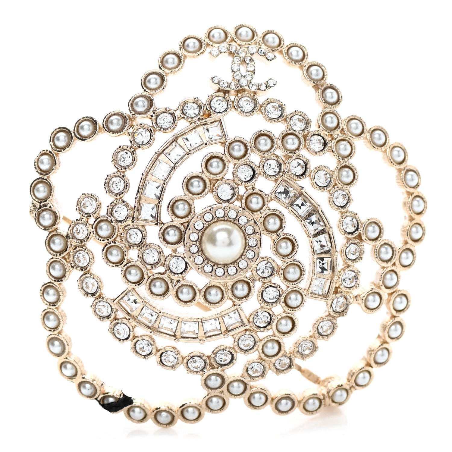 Chanel Pearl Crystal Lace Camellia Brooch Gold 1 of 5