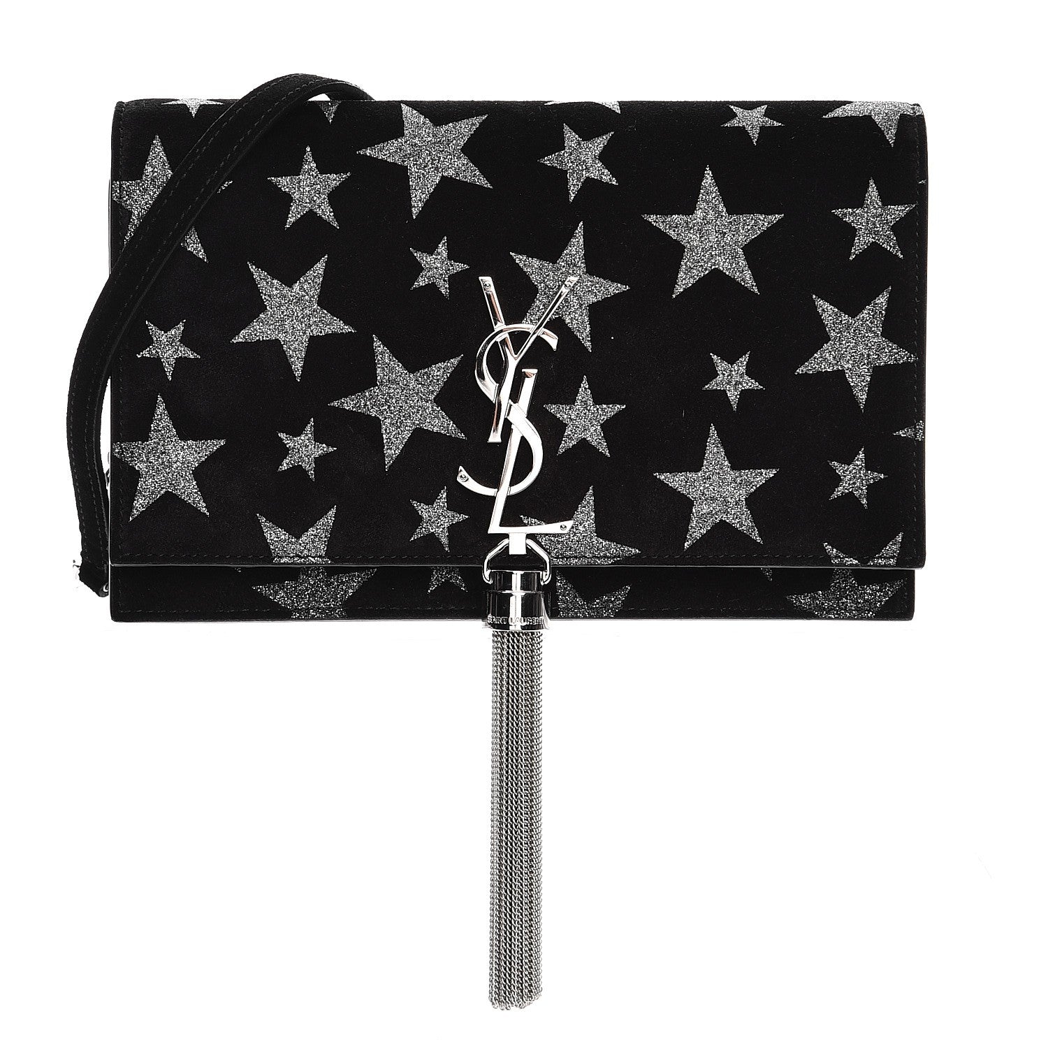 Saint Laurent Suede Star Print Monogram Chain Wallet Black Silver 1 of 7