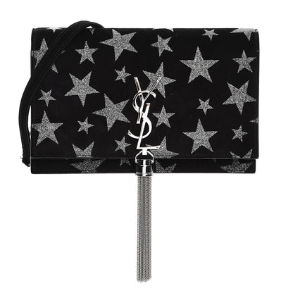 Saint Laurent Suede Star Print Monogram Chain Wallet Black Silver 1 of 7