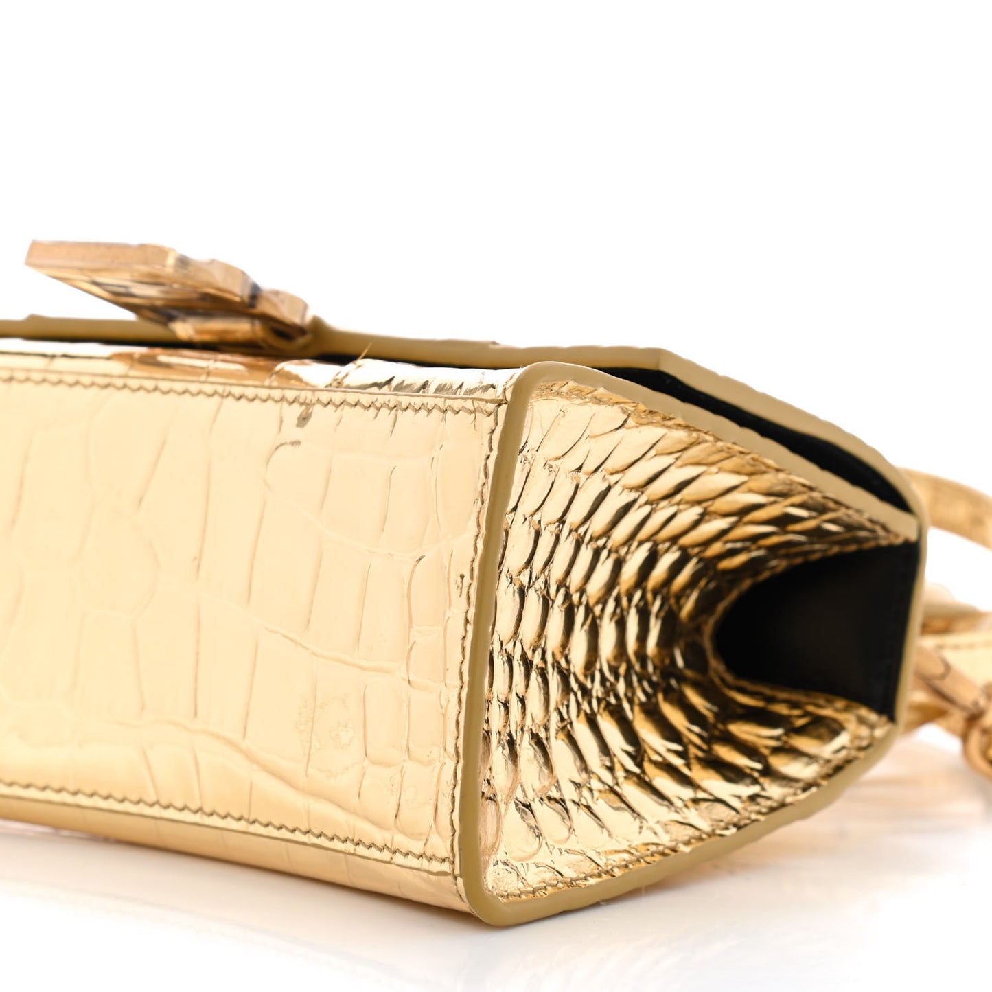 Metallic Calfskin Crocodile Embossed Hourglass Top Handle Bag XS Gold