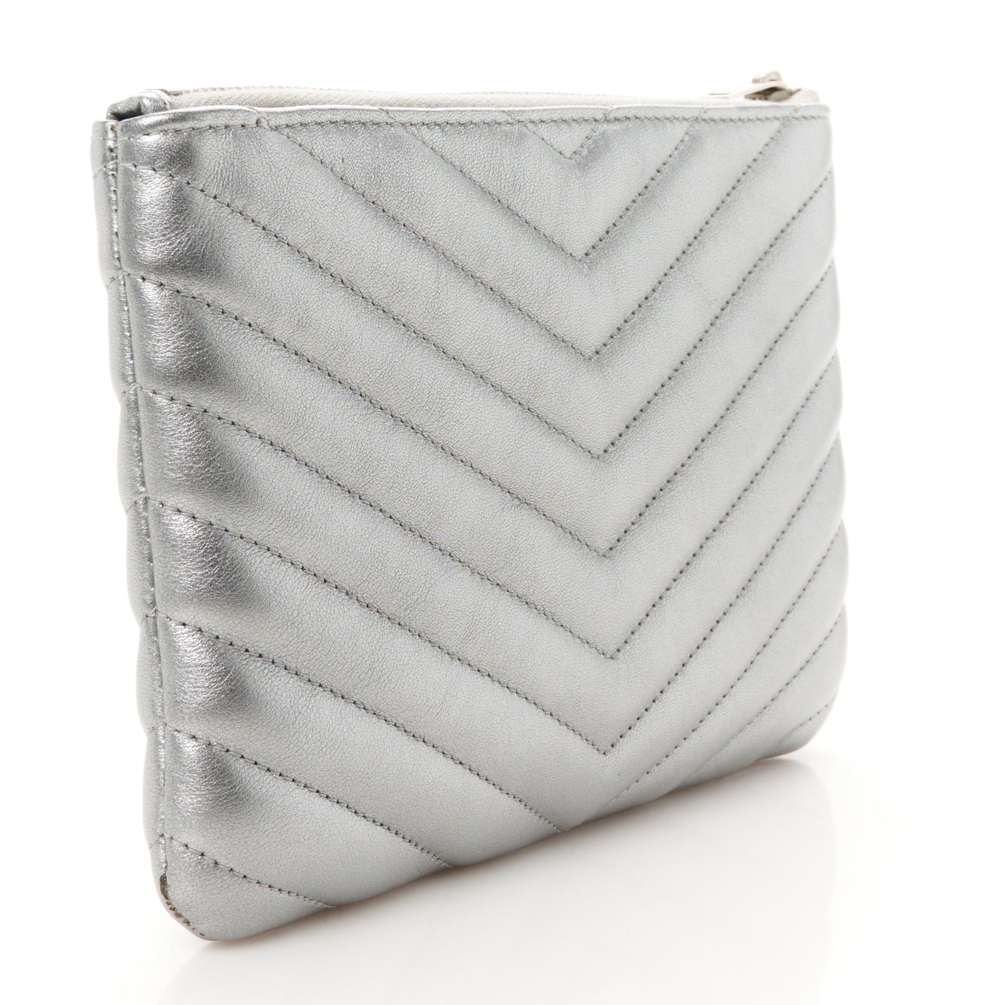 Metallic Calfskin Matelasse Chevron Monogram Pouch Silver