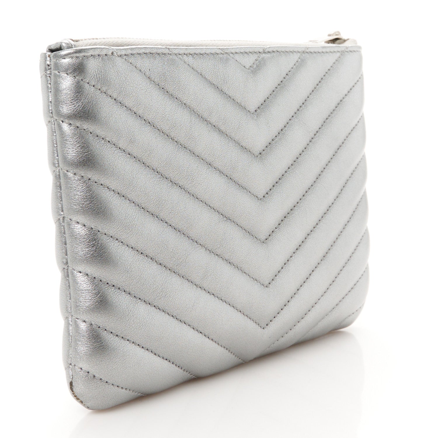 Saint Laurent Metallic Calfskin Matelasse Chevron Monogram Pouch Silver 3 of 9