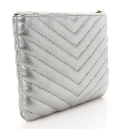 Saint Laurent Metallic Calfskin Matelasse Chevron Monogram Pouch Silver 3 of 9