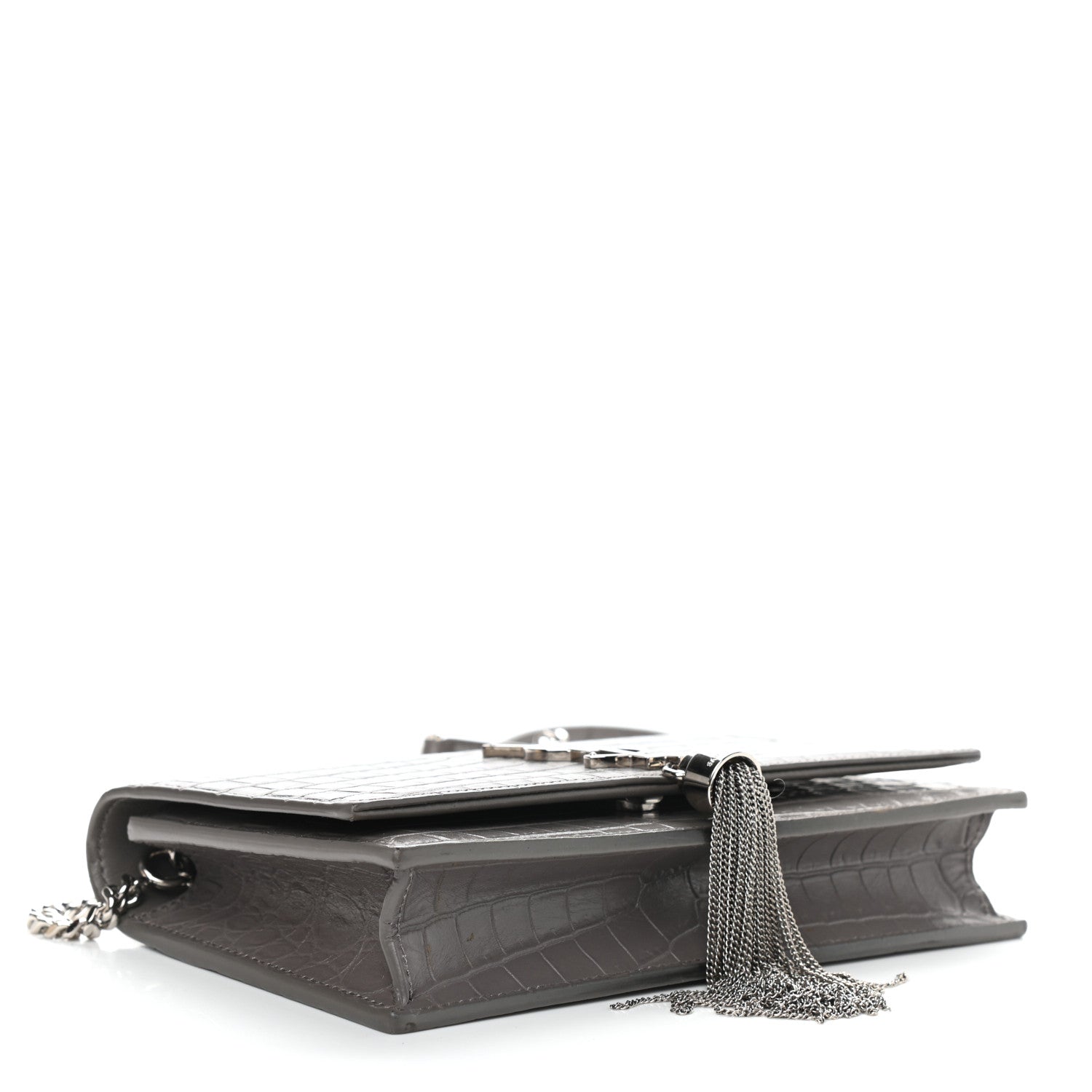 Saint Laurent Calfskin Crocodile Embossed Kate Monogram Tassel Chain Wallet Fog 4 of 8