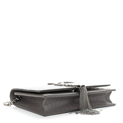 Saint Laurent Calfskin Crocodile Embossed Kate Monogram Tassel Chain Wallet Fog 4 of 8