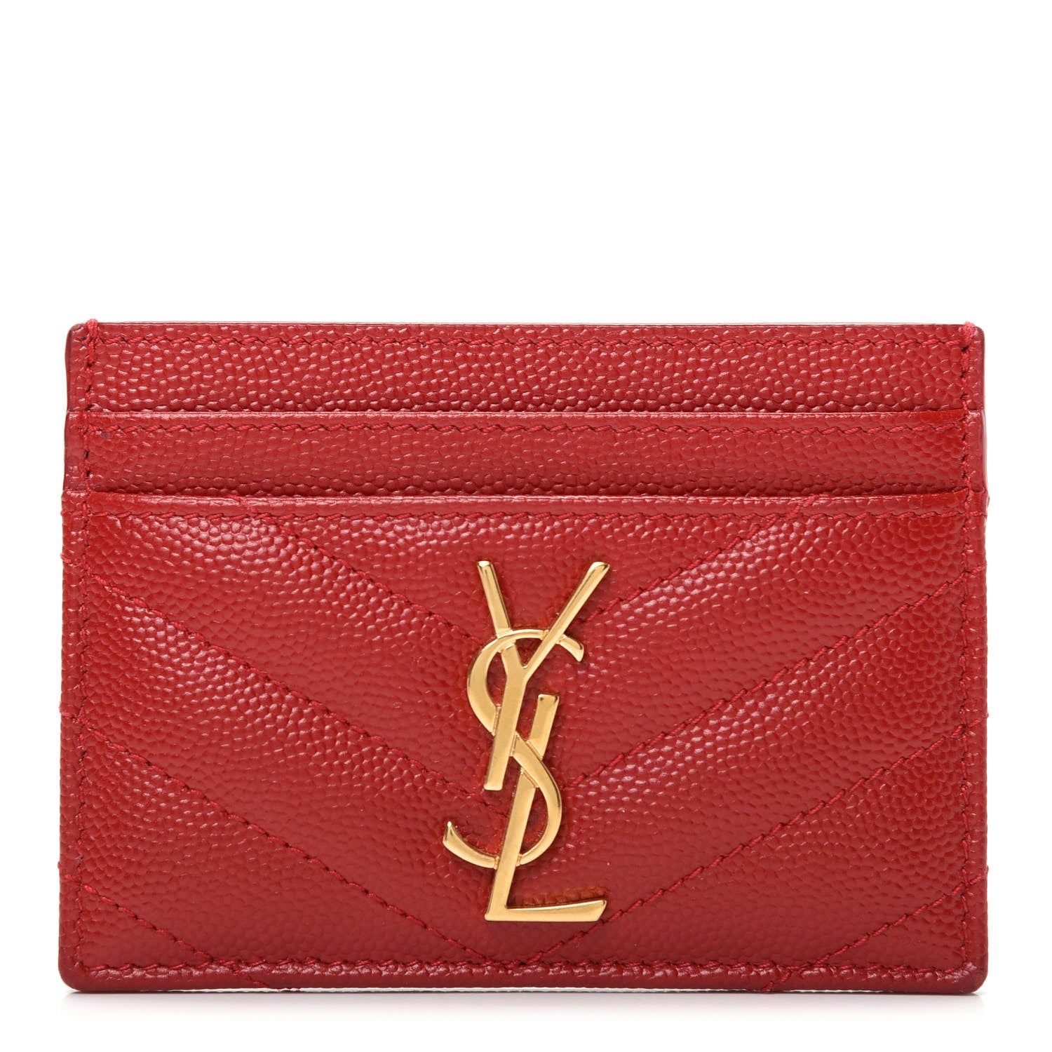 Saint Laurent Grain De Poudre Matelasse Chevron Monogram Credit Card Case New Red 1 of 7