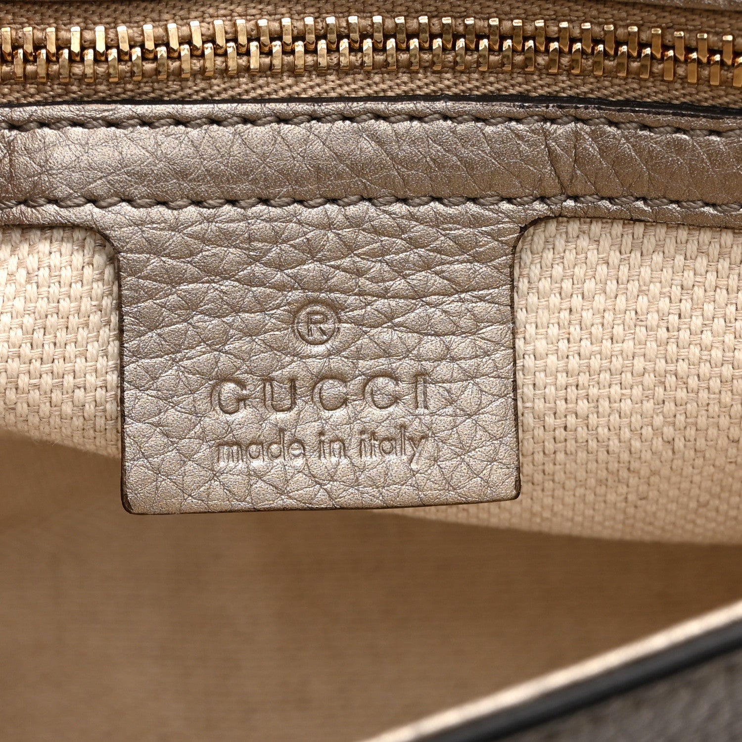 Gucci Metallic Pebbled Calfskin Medium Soho Flap Crossbody Golden Beige 6 of 11