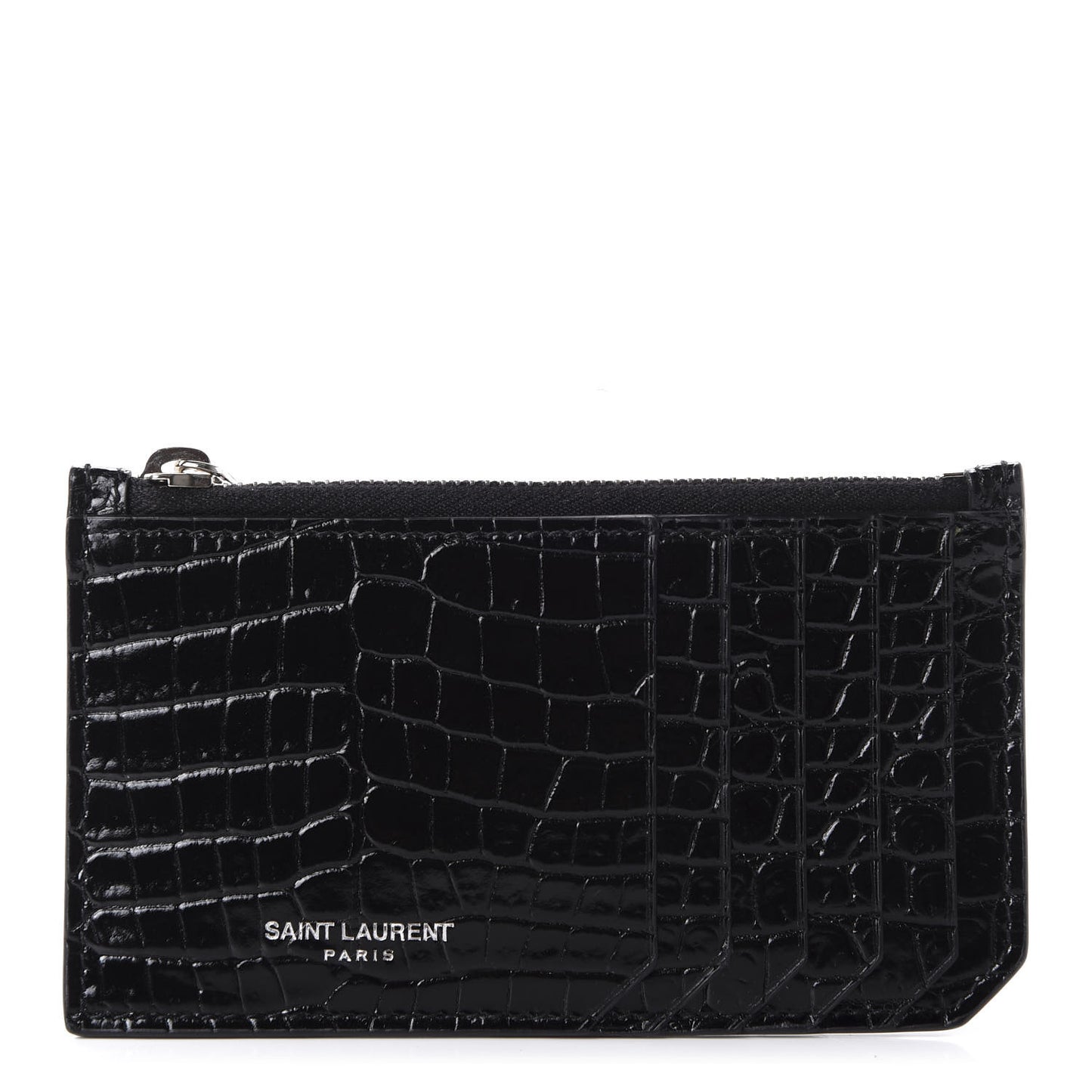 Calfskin Crocodile Embossed 5 Fragments Zip Card Case Black