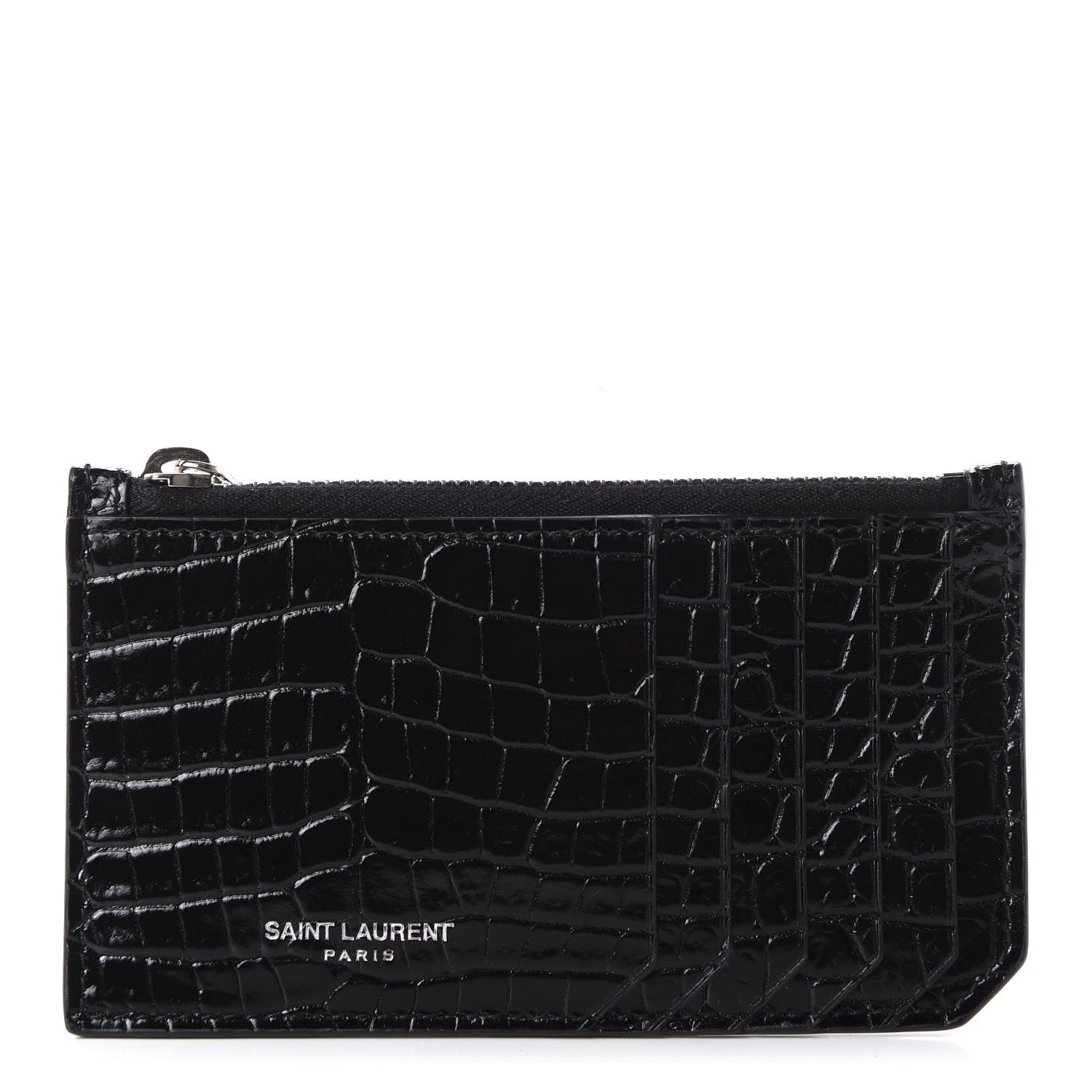 Saint Laurent Calfskin Crocodile Embossed 5 Fragments Zip Card Case Black 1 of 8