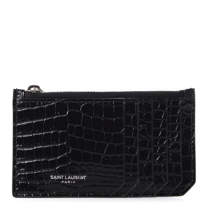 Saint Laurent Calfskin Crocodile Embossed 5 Fragments Zip Card Case Black 1 of 8