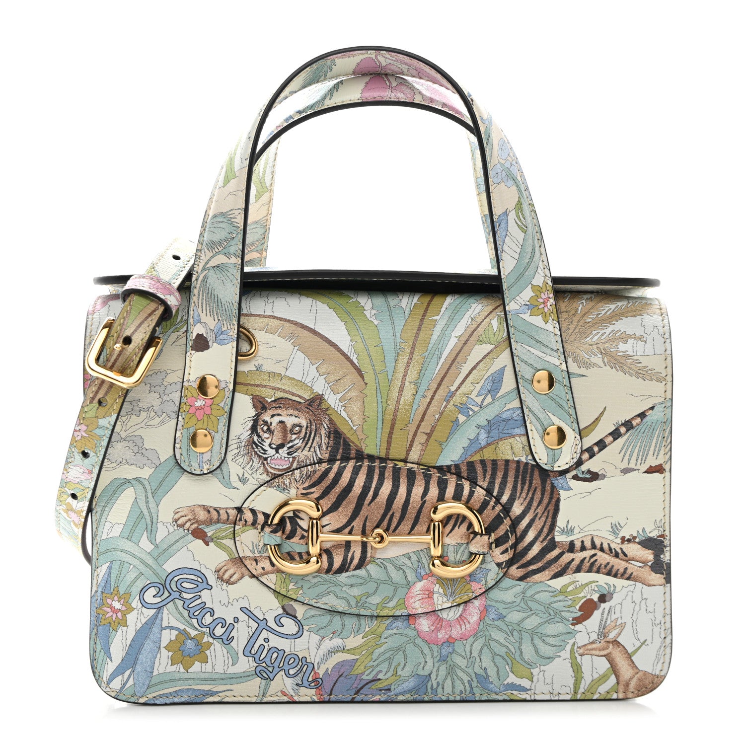 Gucci New Shangai Calfskin Tiger Savanah Mini Horsebit 1955 Foldover Top Handle Bag Chalky White Multicolor 1 of 11
