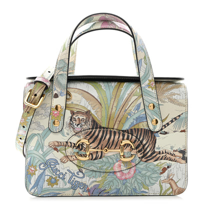 Gucci New Shangai Calfskin Tiger Savanah Mini Horsebit 1955 Foldover Top Handle Bag Chalky White Multicolor 1 of 11