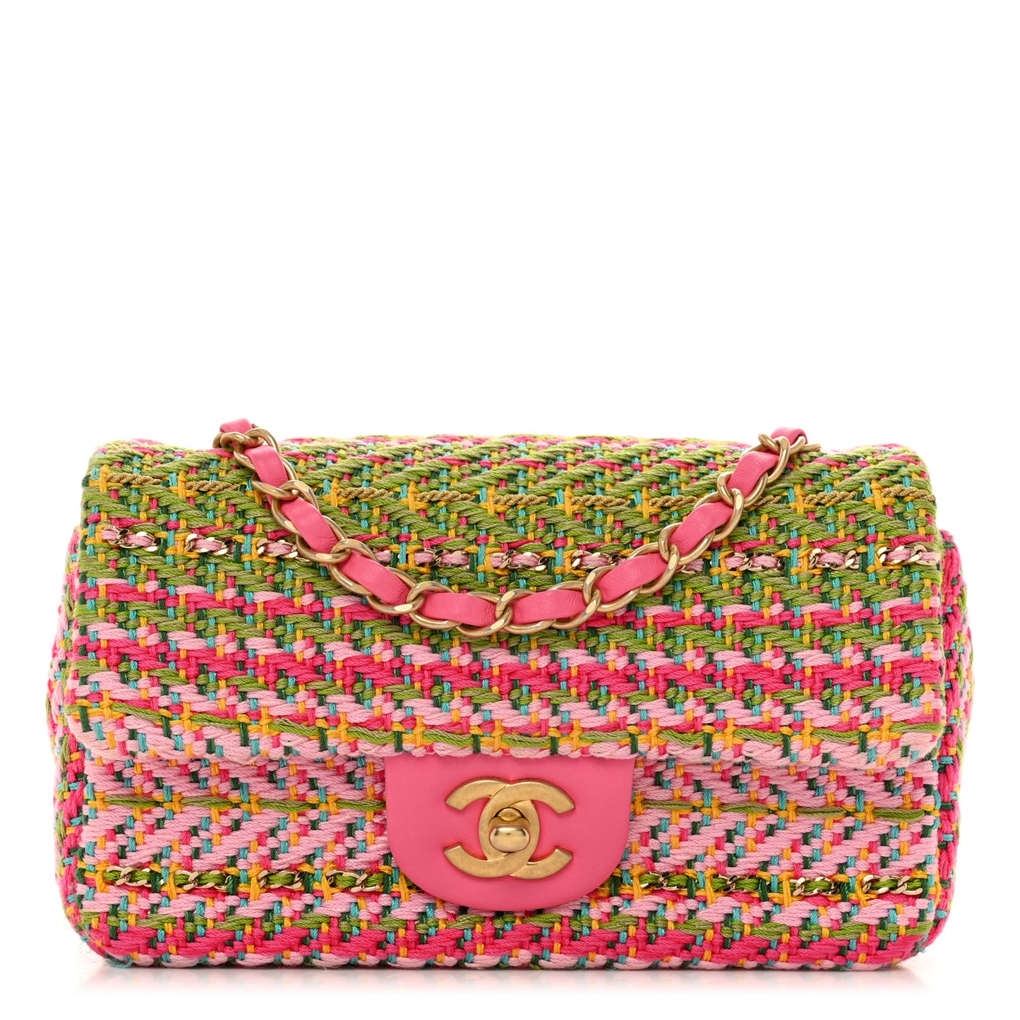 Cotton Mixed Fibers Woven Mini Rectangular Flap Pink Green