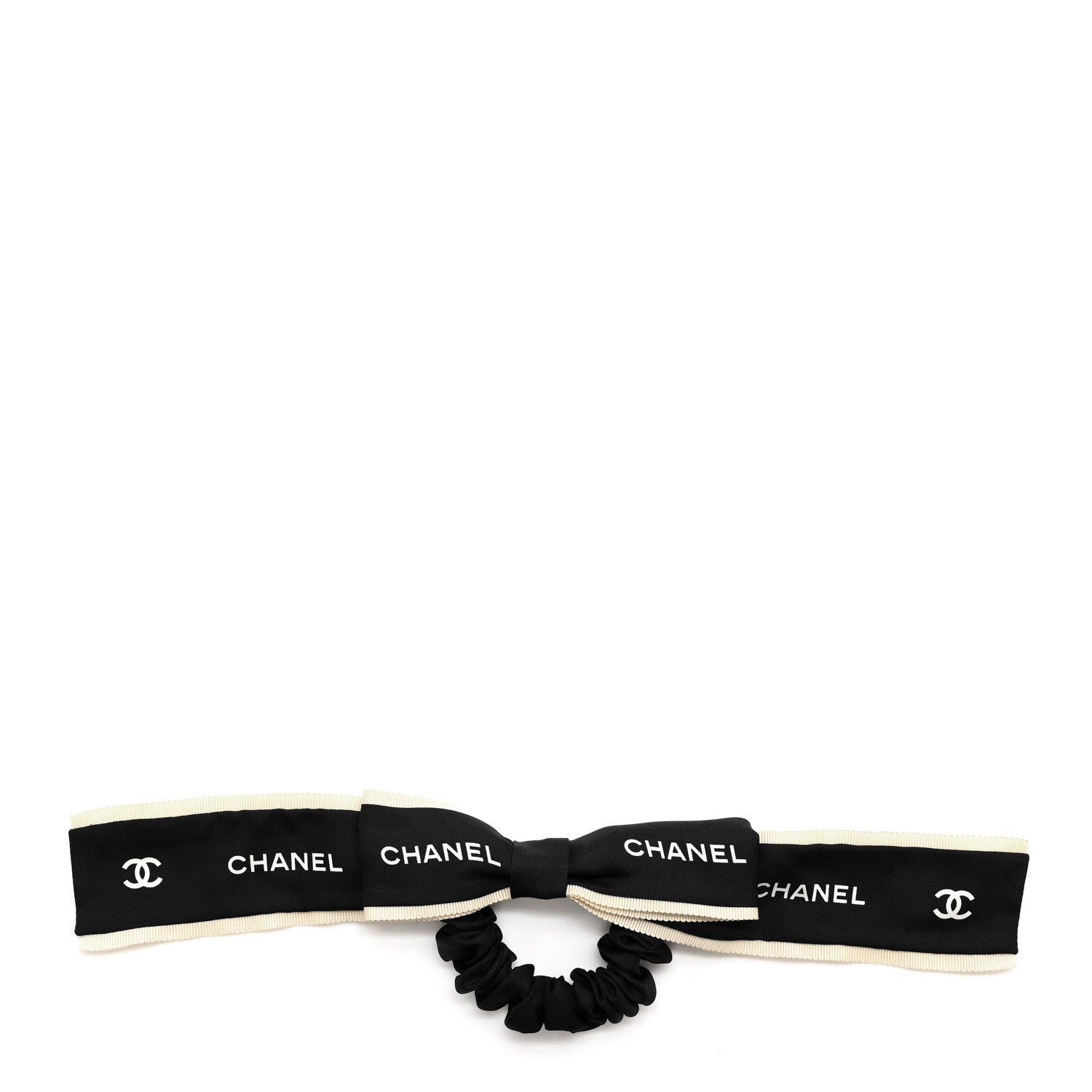 Chanel Silk Hair Tie Black Ivory 1 of 4