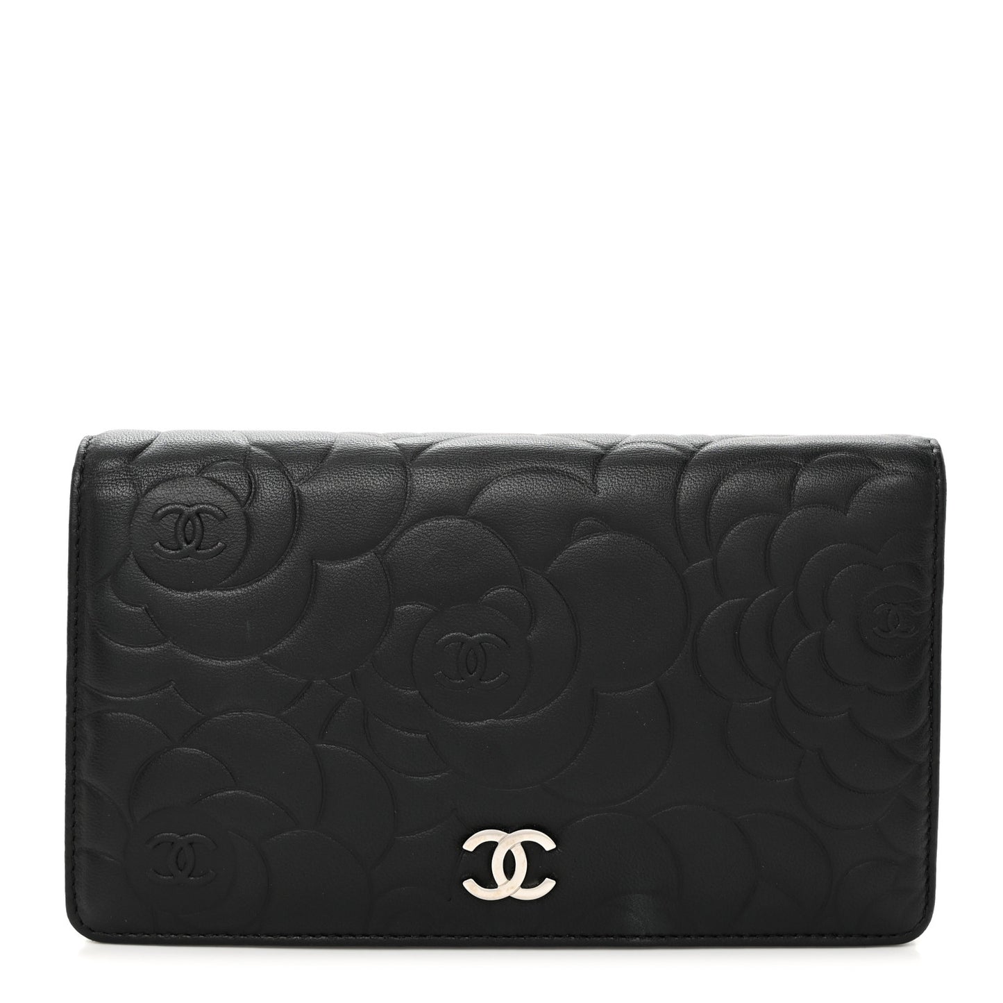 Lambskin Camellia Embossed Yen Wallet Black