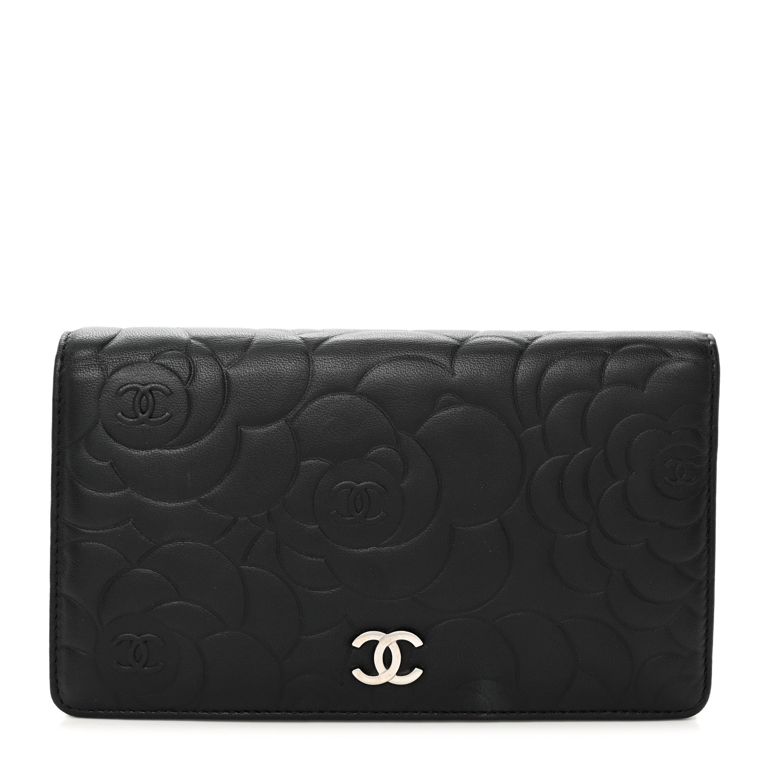 Chanel Lambskin Camellia Embossed Yen Wallet Black 1 of 9