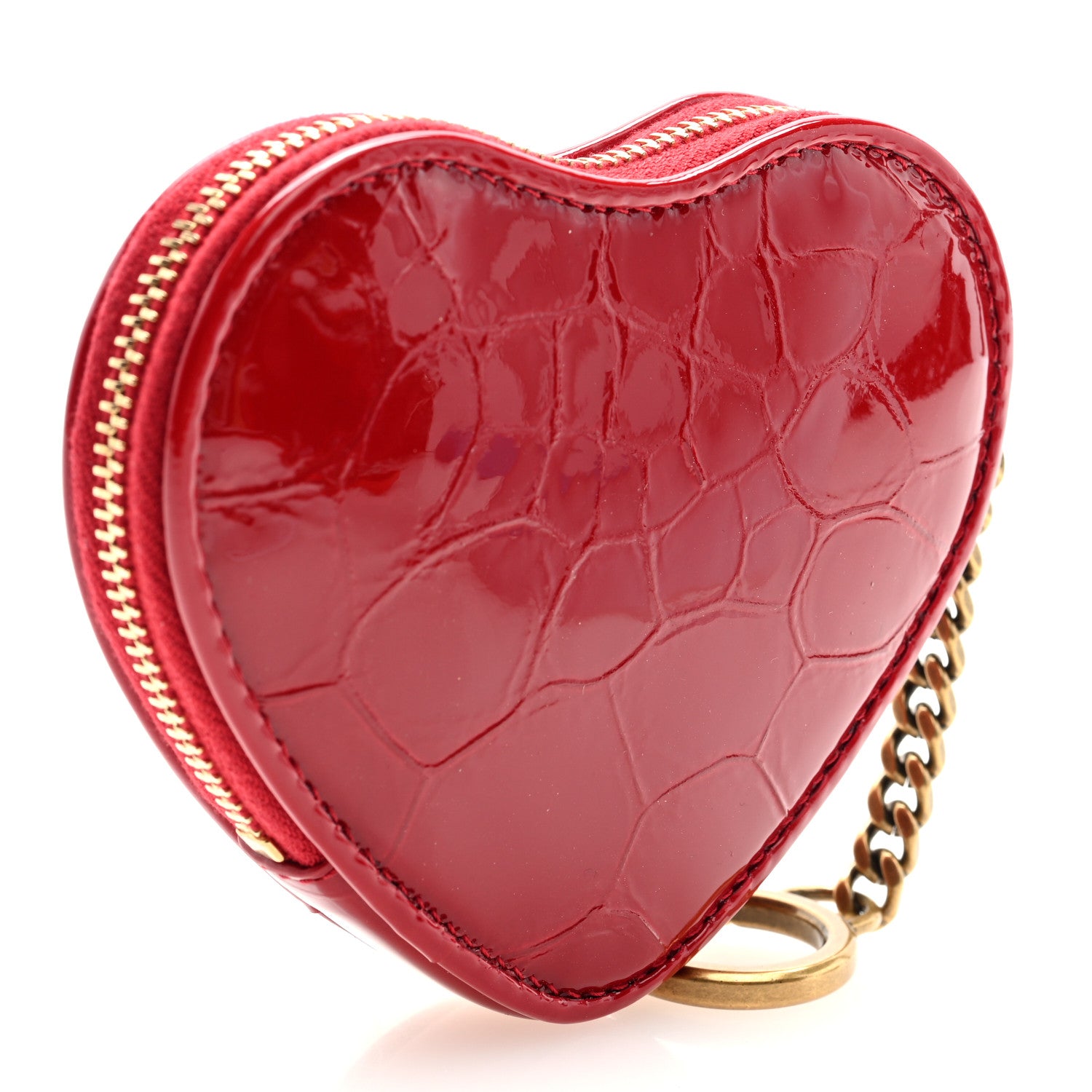 Saint Laurent Patent Crocodile Embossed Monogram Heart Key Pouch Rouge Eros 3 of 7