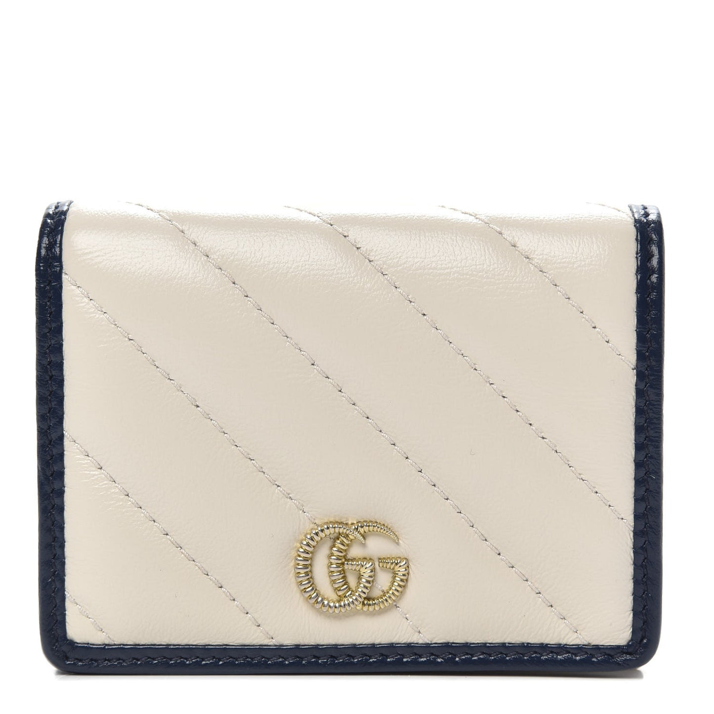 Vintage Effect Calfskin Matelasse Diagonal Torchon GG Marmont Card Case Wallet Mystic White Blue Agata