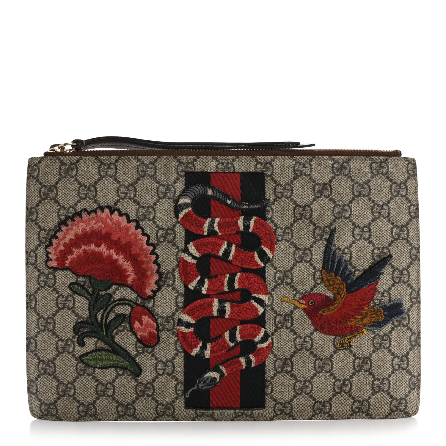 Gucci GG Supreme Monogram Web Kingsnake Embroidered Large Zip Pouch Brown 1 of 12