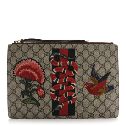 Gucci GG Supreme Monogram Web Kingsnake Embroidered Large Zip Pouch Brown 1 of 12