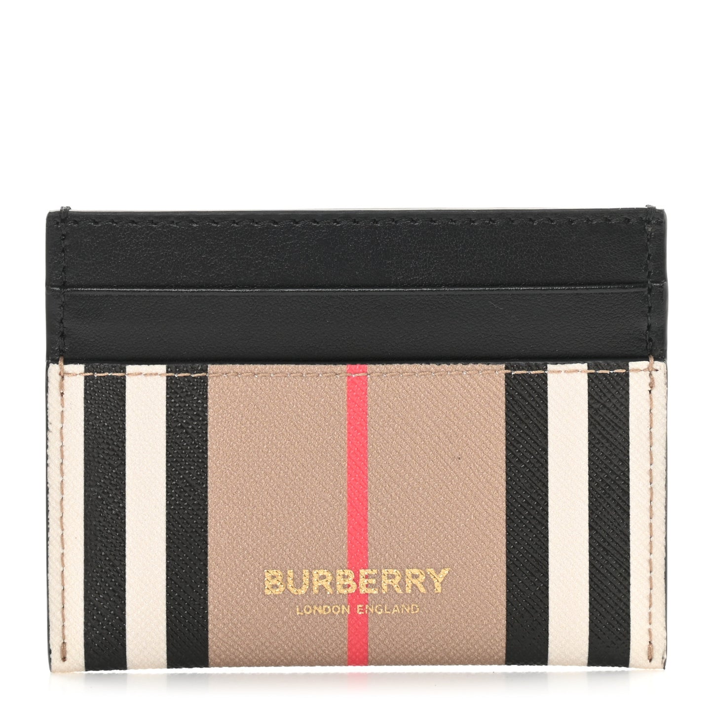 E-Canvas Calfskin Icon Stripe Card Case Archive Beige