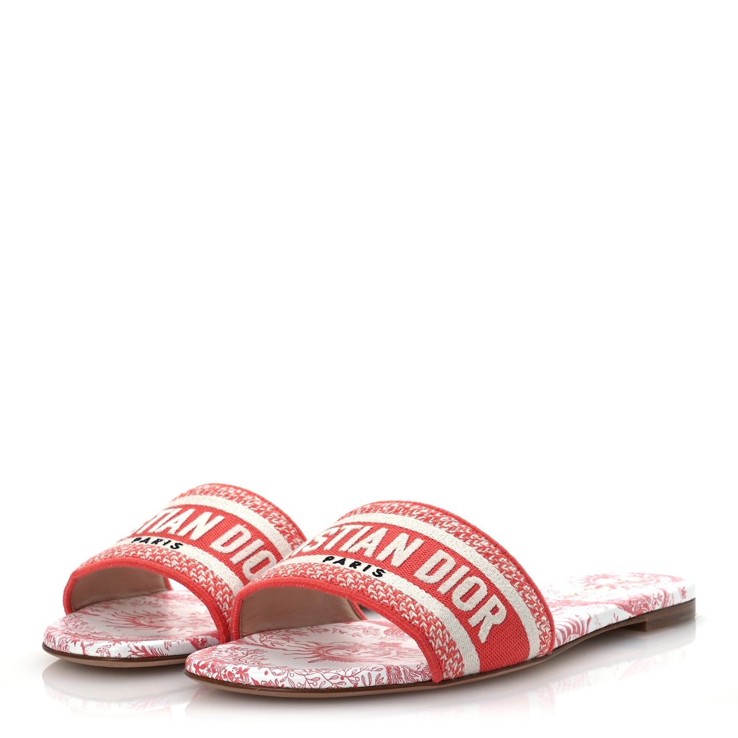 Canvas Soleil Embroidered Dway Flat Slide Sandals 41 Coral