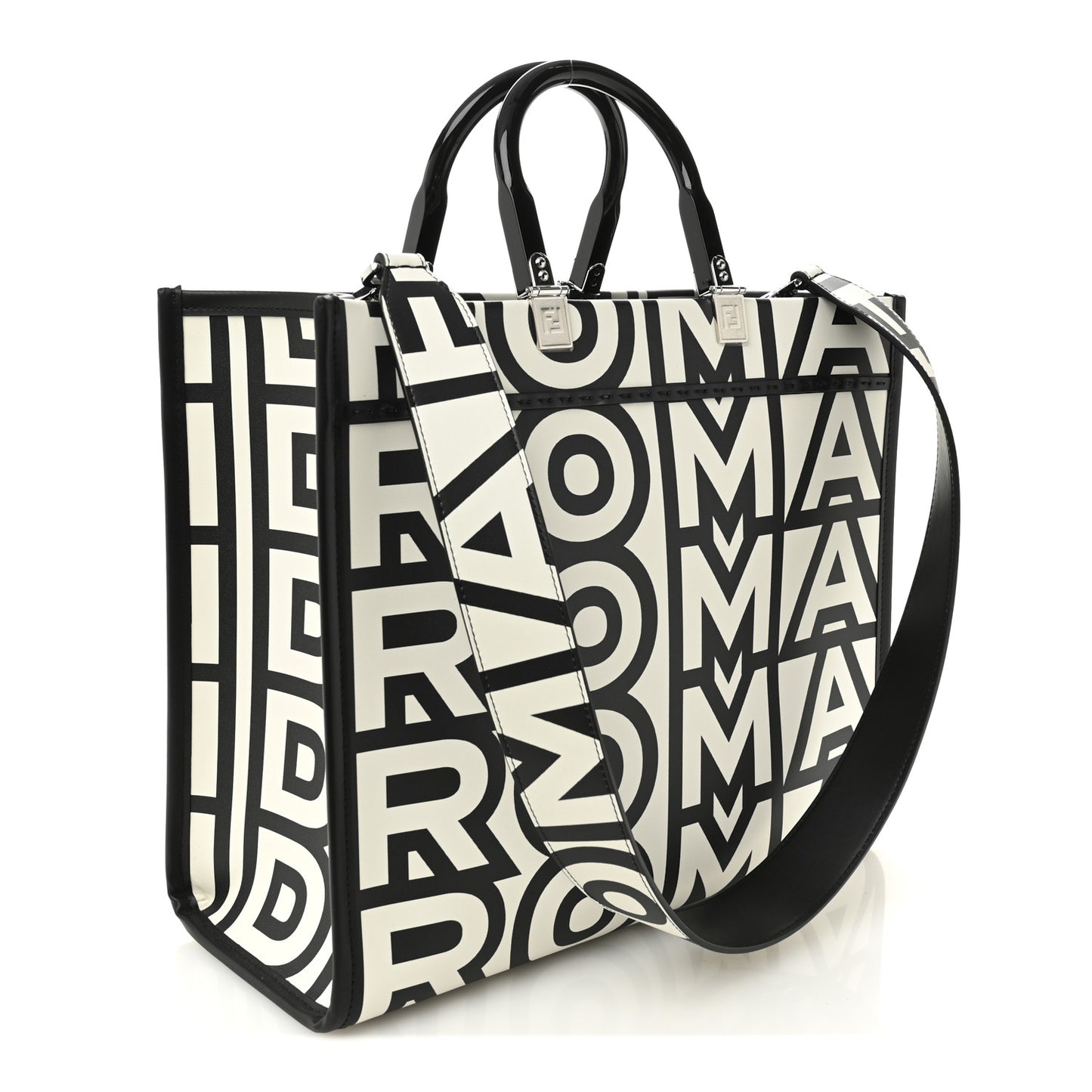 X MARC JACOBS Vitello King Logo Print Medium Fendi Sunshine Shopper Tote Black White