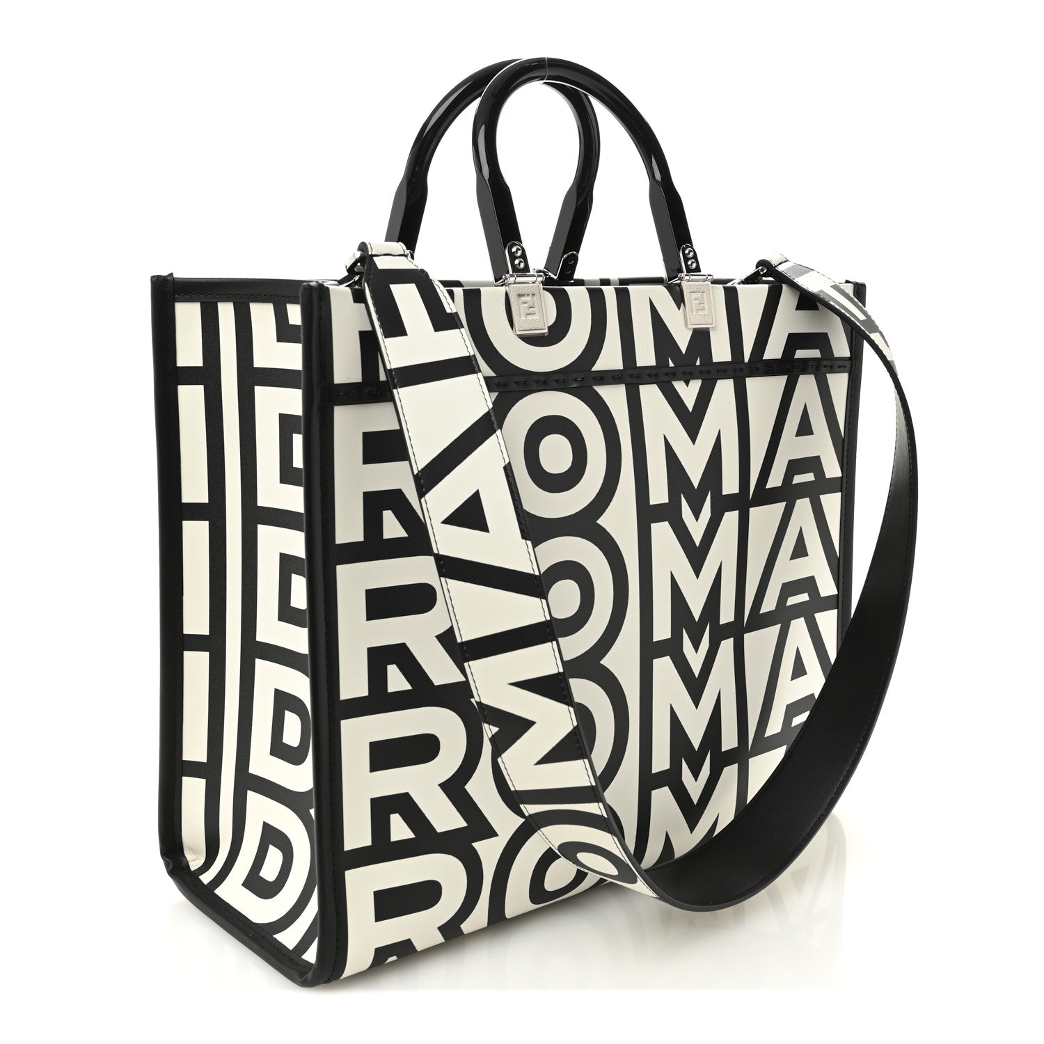 Fendi X MARC JACOBS Vitello King Logo Print Medium Fendi Sunshine Shopper Tote Black White 3 of 11