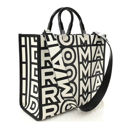 Fendi X MARC JACOBS Vitello King Logo Print Medium Fendi Sunshine Shopper Tote Black White 3 of 11