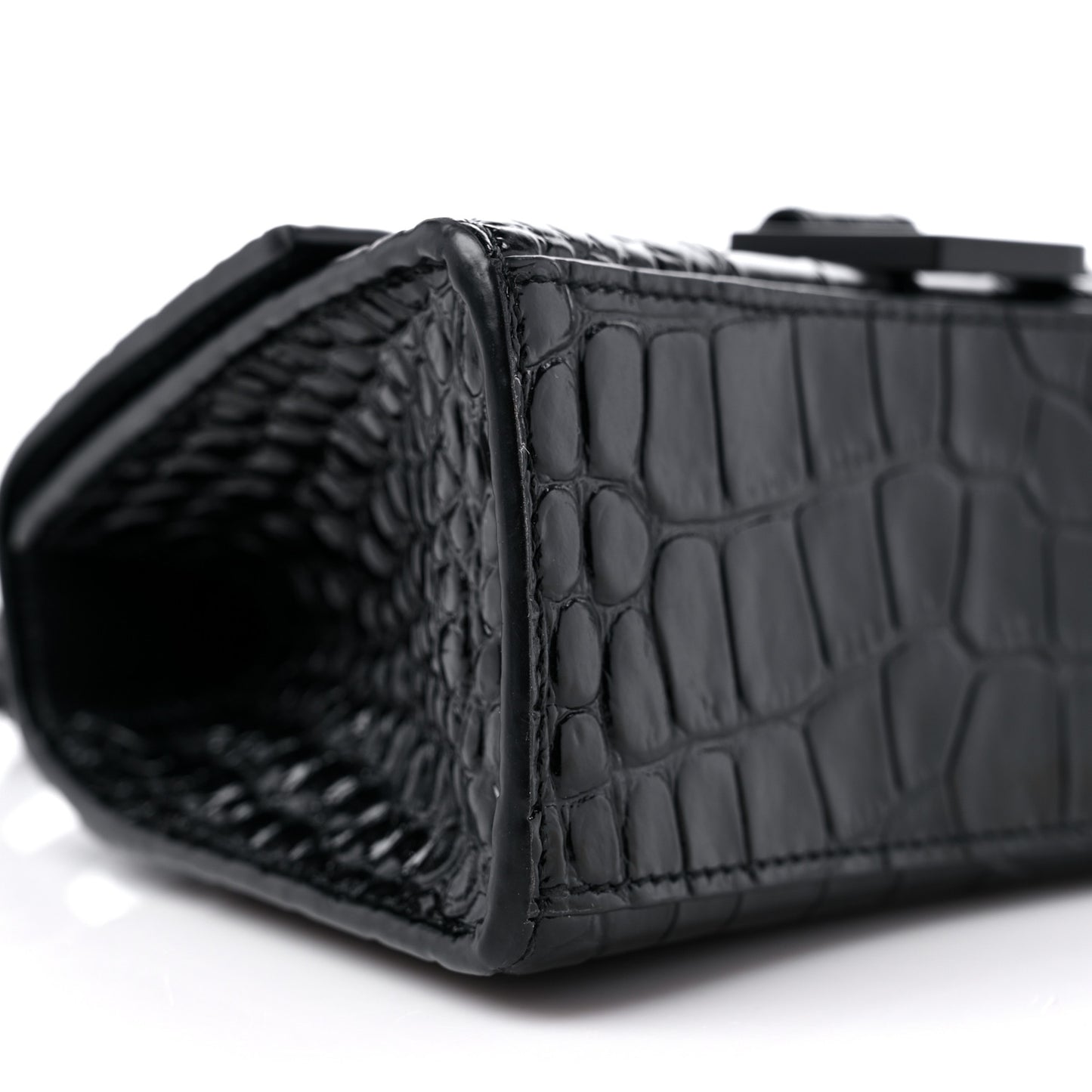 Shiny Calfskin Monochrome Crocodile Embossed Hourglass Top Handle Bag XS Black