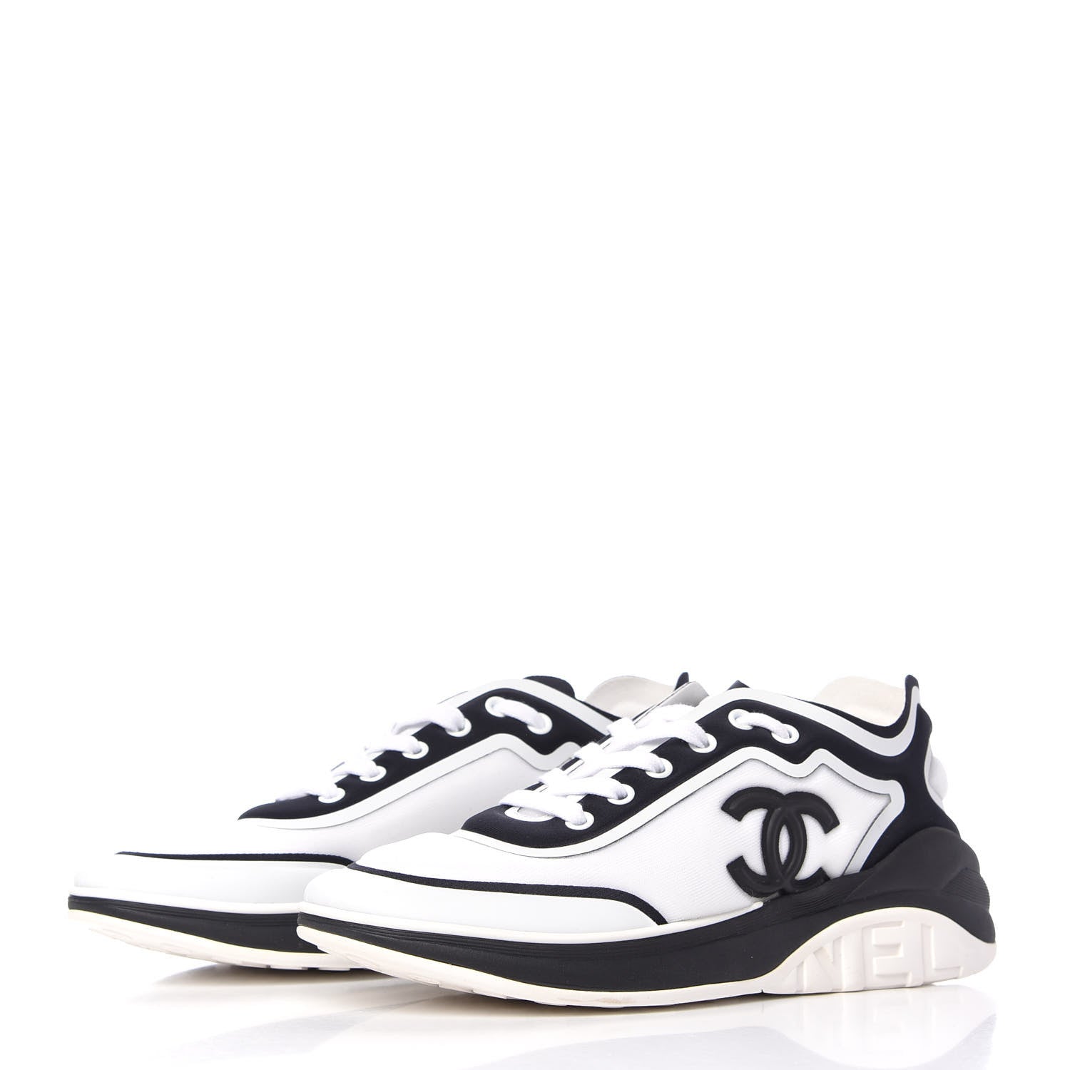 Chanel Lycra Womens CC Sneakers 38.5 White Black 3 of 7