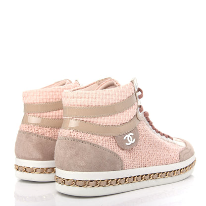Chanel Tweed Patent Calfskin High Top Sneakers 37 Light Pink Light Beige 4 of 11