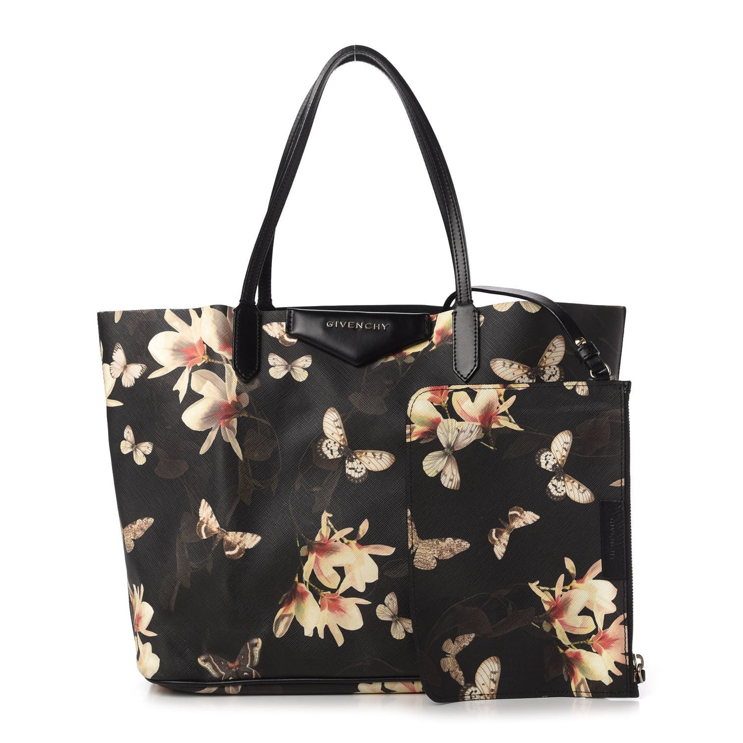 Coated Canvas Magnolia and Moth Print Medium Antigona Tote Black