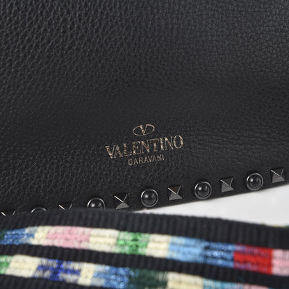 Valentino Garavani Calfskin Beaded Medium Guitar Strap Rockstud Rolling Flap Saddle Bag Black 8 of 9