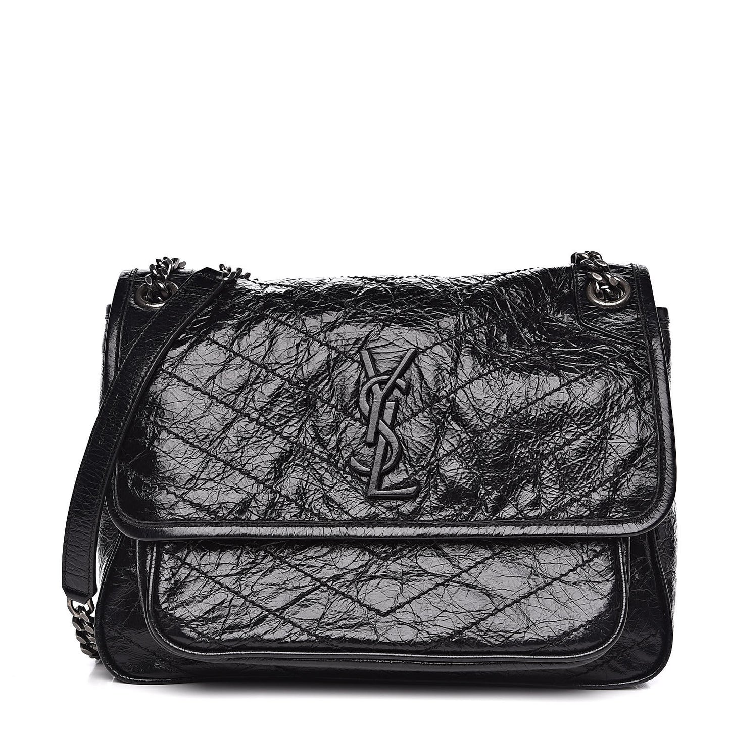 Crinkled Calfskin Matelasse Monogram Medium Niki Chain Satchel Black