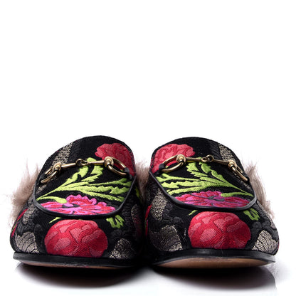 Gucci Brocade Fur Floral Womens Princetown Slippers 37 Black Anthracite 2 of 6