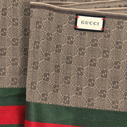 Gucci Wool Silk GG Monogram Web Verbier Fringe Scarf Light Brown Dark Green 3 of 5