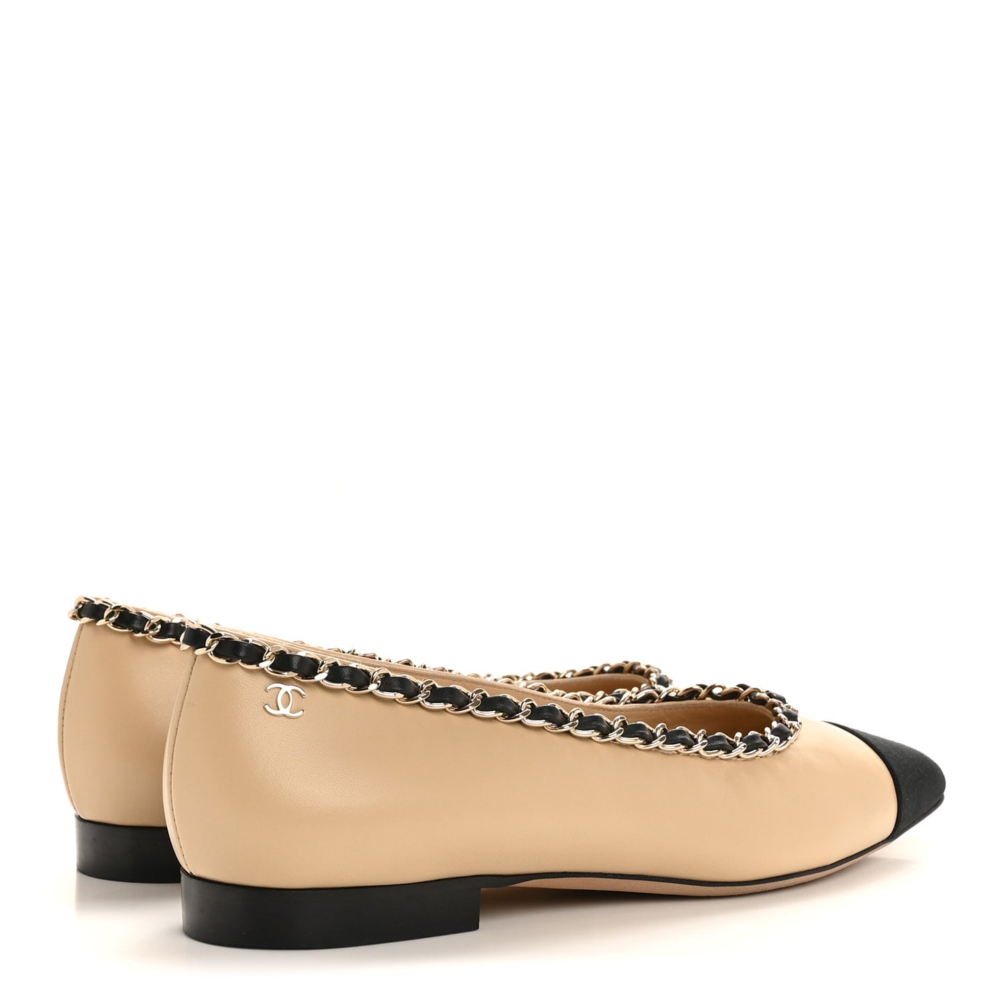 Lambskin Grosgrain Chain Cap Toe Flats 35.5 Beige Black