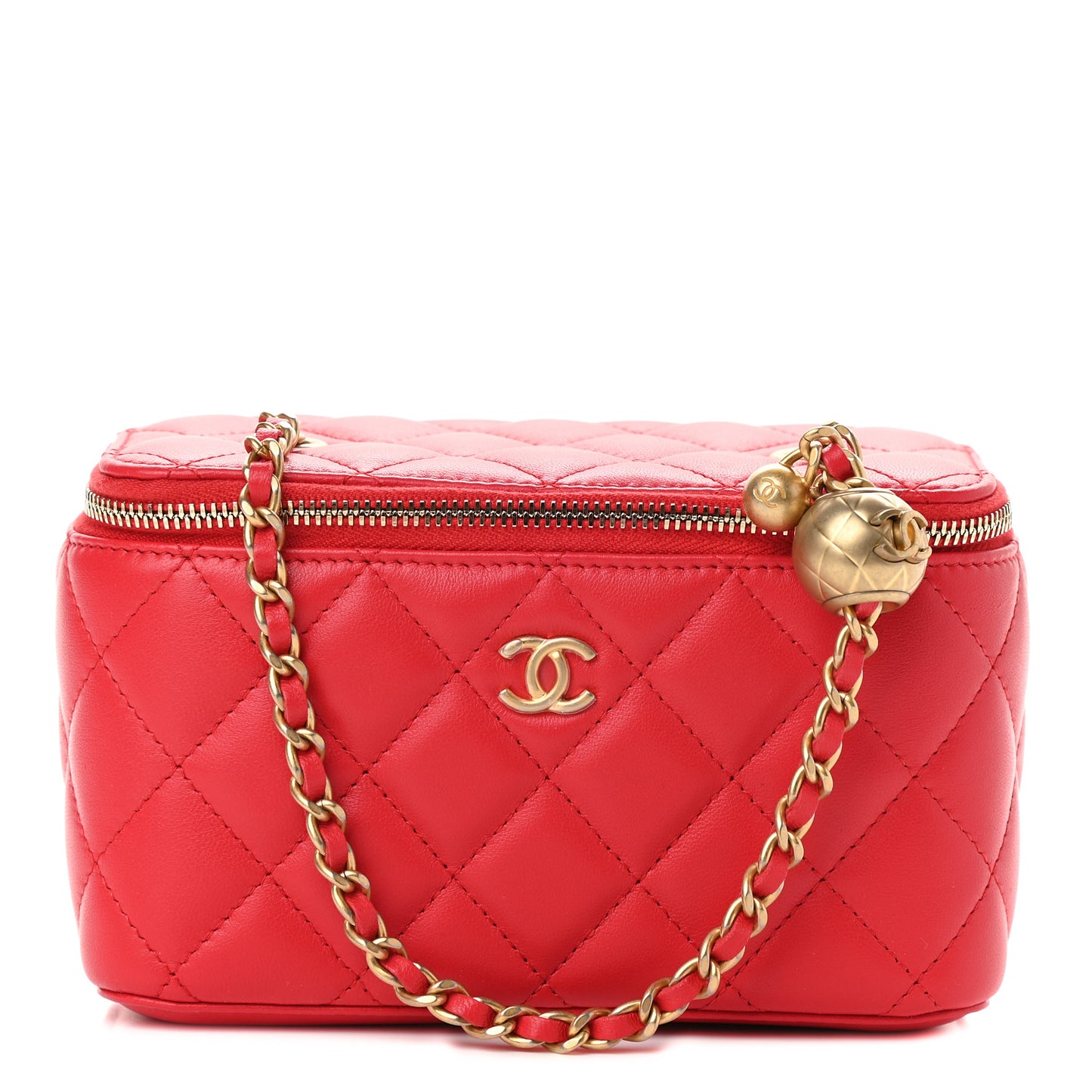 Lambskin Quilted Pearl Crush Small Vanity Case With Chain Red