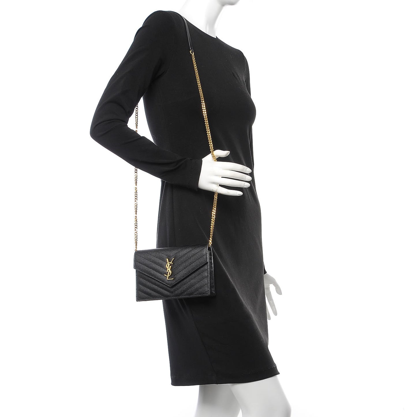 Grain De Poudre Matelasse Chevron Monogram Envelope Chain Wallet Black