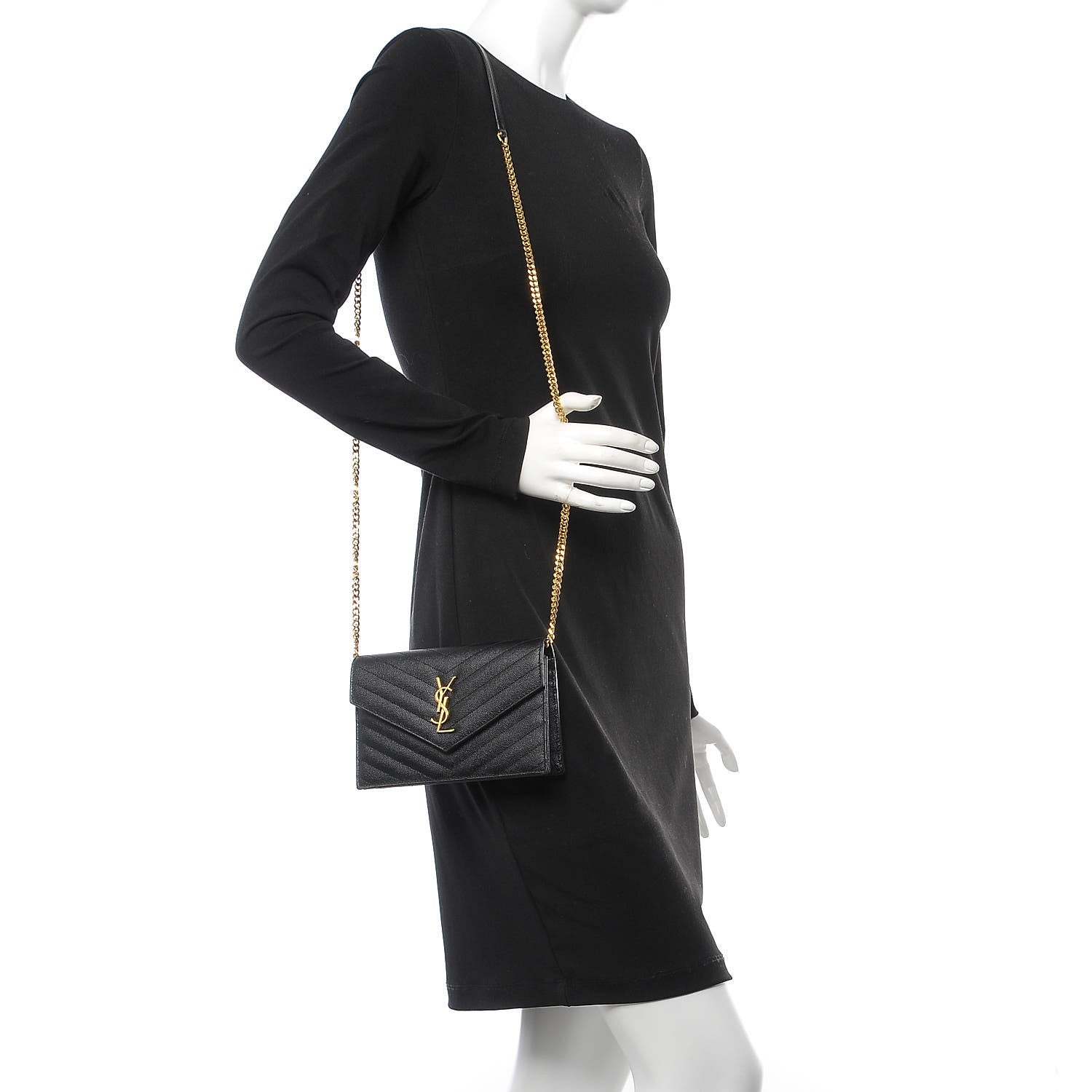 Saint Laurent Grain De Poudre Matelasse Chevron Monogram Envelope Chain Wallet Black 2 of 9