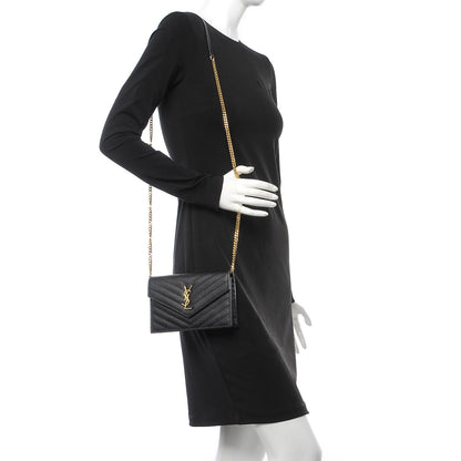 Saint Laurent Grain De Poudre Matelasse Chevron Monogram Envelope Chain Wallet Black 2 of 9