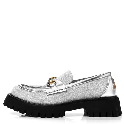 Gucci Mini Diamond Storm Silk Calfskin Womens Harald Horsebit 25mm Platform Loafers 38.5 Silver 1 of 7