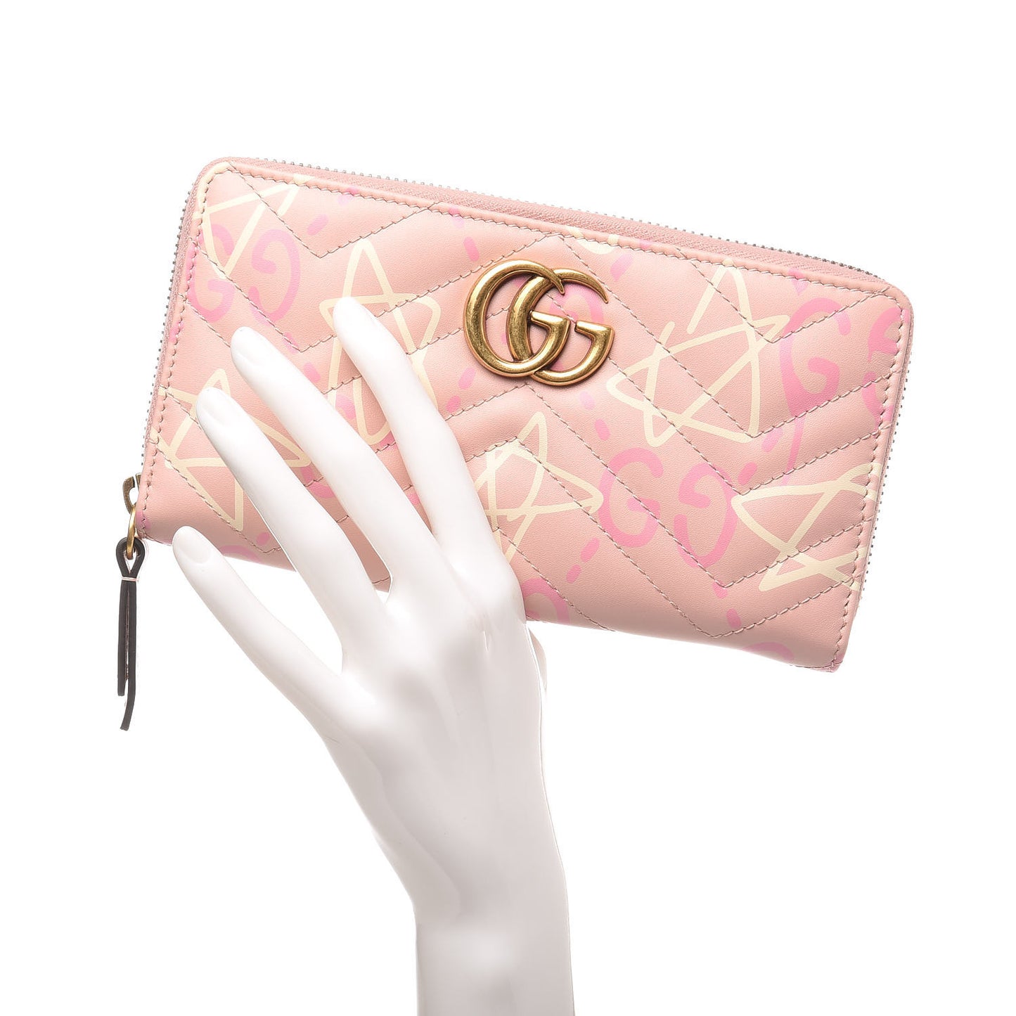 Calfskin Matelasse GucciGhost GG Marmont Zip Around Wallet Perfect Pink Rosa Ivory