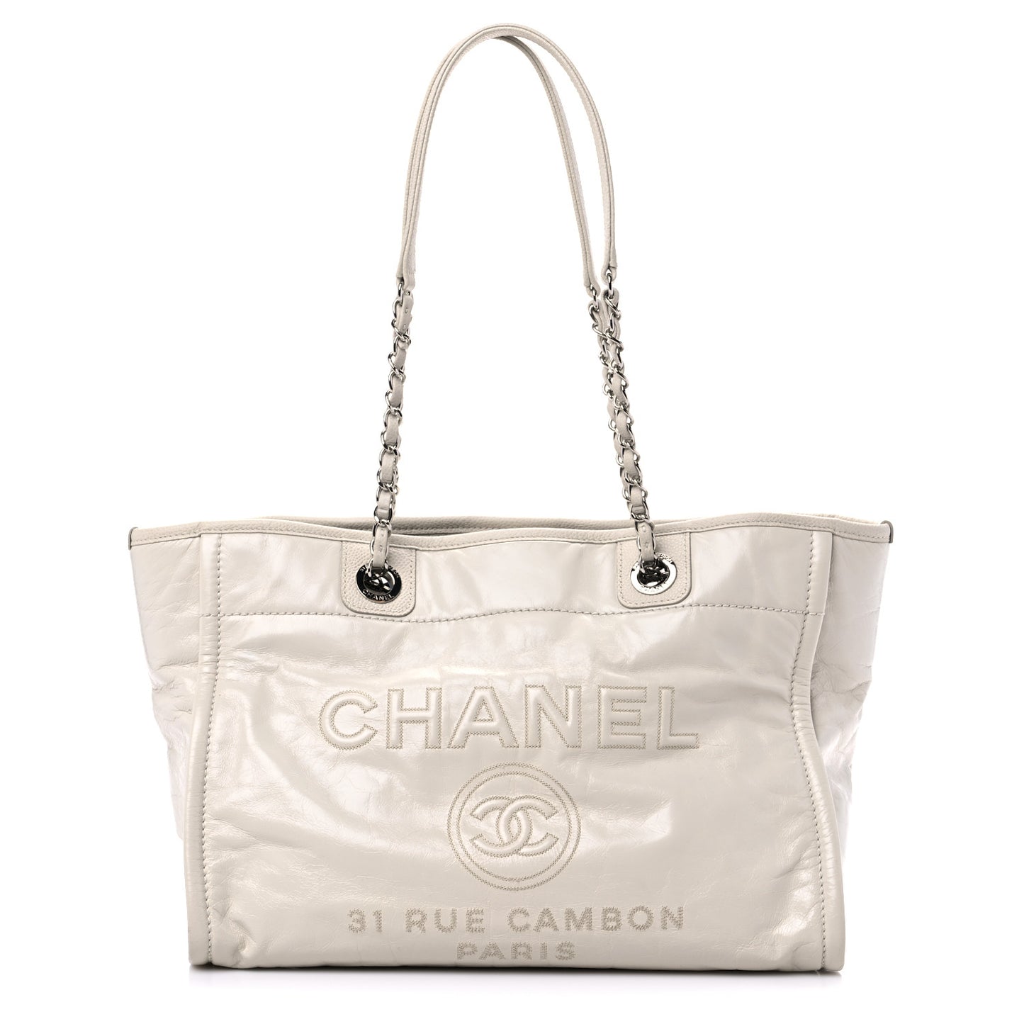 Glazed Calfskin Small Deauville Tote Ecru