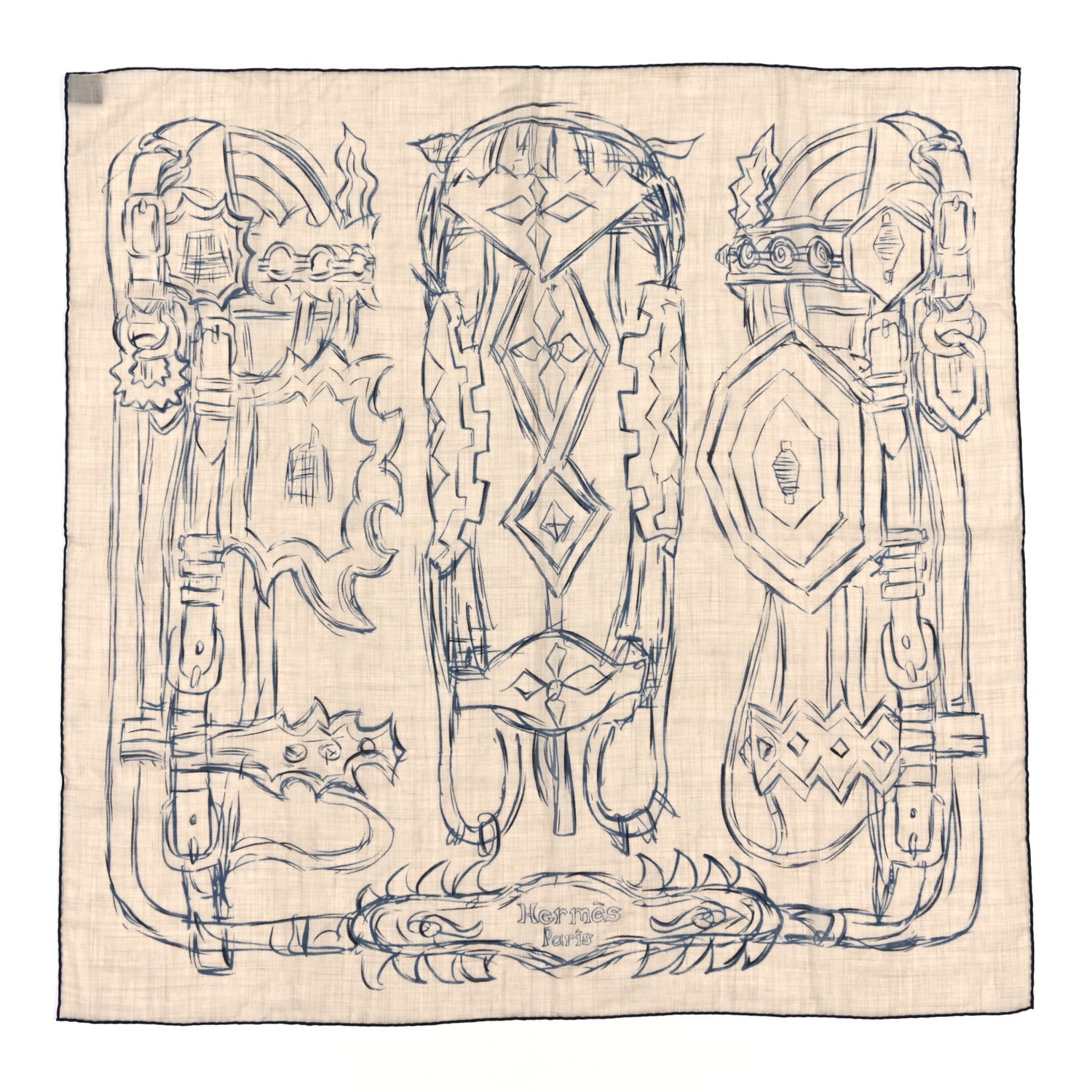 Hermes Cashmere Brides et Destin Esquisse Light Scarf 90 Beige Chine Marine Black 1 of 3