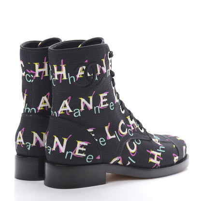 Chanel Tweed Lace Up Short Boots 38 Black Ecru Green Red 4 of 7